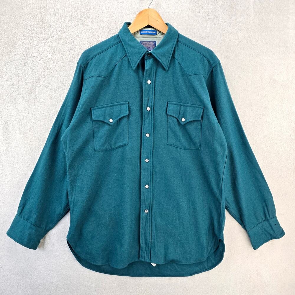 Vtg Pendleton High Grade Western Pearl Snap Wool Shirt Mens Large Teal USA HOLES